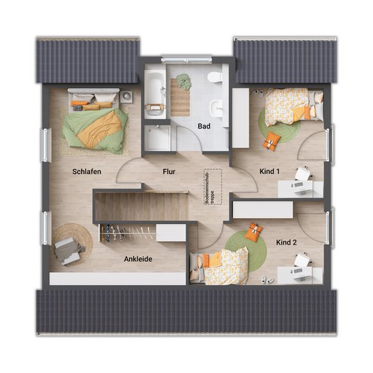 Flair 134 Dachgeschoss Grundrissvariante 1 mit Elternbereich und Ankleide Dachgeschoss des Flair 134 mit großzügigem Elternbereich und Ankleide.