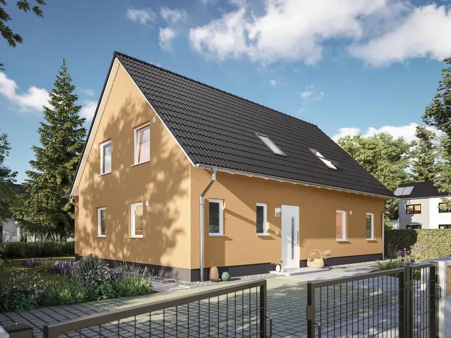 Blick von der Straße auf das Zweifamilienhaus Domizil 192 in der Variante Trend