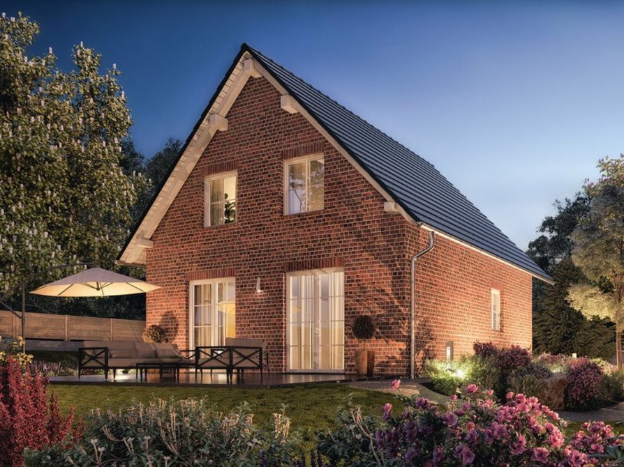 Raumwunder 100 in Abendstimmung mit Klinker und Dachüberstand