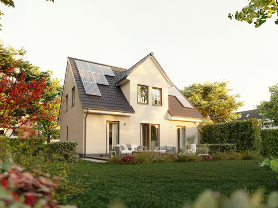 Einfamilienhaus-Flair-134 Blick vom Garten auf Flair 134 mit einer umweltfreundlichen PV-Anlage für nachhaltiges Wohnen.